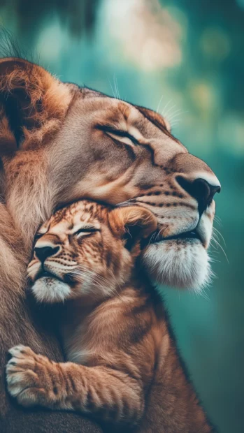 A intimate moment of a lion cub nuzzling against its mother face.