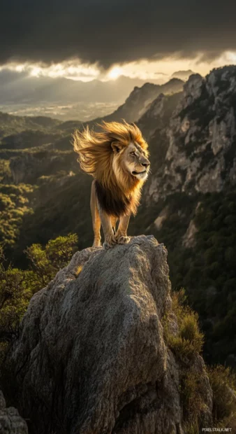 A kingly lion standing on a mountain peak, the wind blowing its mane dramatically.