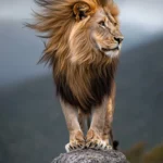 A kingly lion standing on a mountain peak, the wind blowing its mane dramatically, a vast valley below .