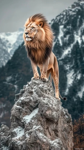 A kingly lion standing on a mountain peak, the wind blowing its mane dramatically, a vast valley below.