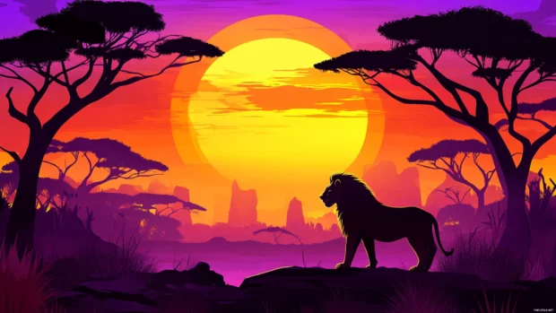 A lion basking in the golden light of a setting sun, the sky painted in orange and purple, silhouette of acacia trees in the background .