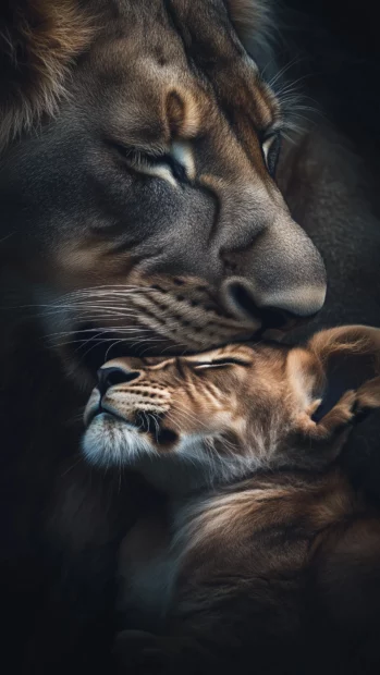 A lion cub nuzzling against its mother face, capturing the warmth and affection.