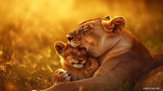 A lion cub snuggled up with its loving parents under a warm golden sunset, family bond and warmth radiating from the scene .