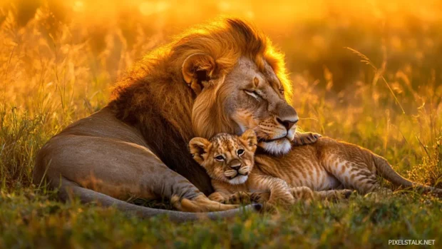 A lion cub snuggled up with its loving parents under a warm golden sunset, family bond and warmth radiating from the scene.