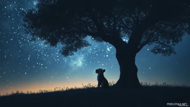 A lion cub under big acacia tree, gazing at starry sky, calm and dreamy mood.