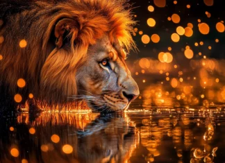 A  lion drinking water at a watering hole, with droplets glistening on its whiskers.