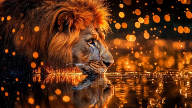 A lion drinking water at a watering hole, with droplets glistening on its whiskers.