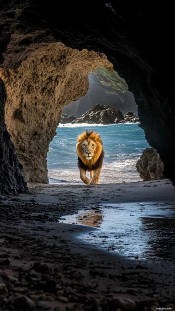 A lion emerging from a dark cave, the light catching its golden mane.