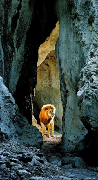 A lion emerging from a dark cave, the light catching its golden mane, revealing a hidden kingdom.