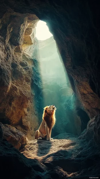 A lion emerging from a dark cave, the light catching its golden mane, revealing a hidden kingdom.