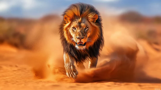 A lion in the middle of a stormy desert, wind whipping up sand around it, a fierce and untamed look in its eyes.