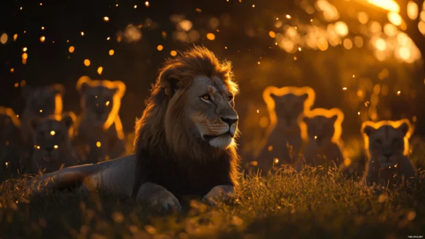 A lion king surrounded by glowing ancestral spirits, representing the wisdom of past kings guiding him.