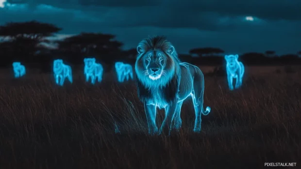 A lion king surrounded by glowing ancestral spirits, representing the wisdom of past kings guiding him.