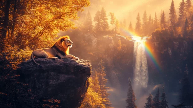 A lion lying on a high rock, gazing at a rainbow forming over a distant waterfall, peaceful and serene atmosphere.