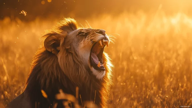 A lion, red eyes aglow, fur wild as it roars, intense sunlight lights the grass nearby.