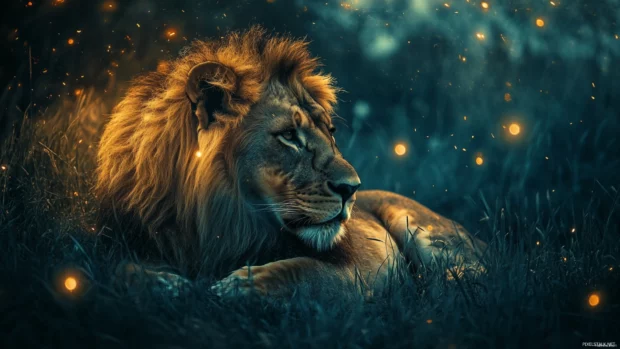 A lion resting in a field of tall grass, fireflies glowing around it, mystical and dreamy night atmosphere .