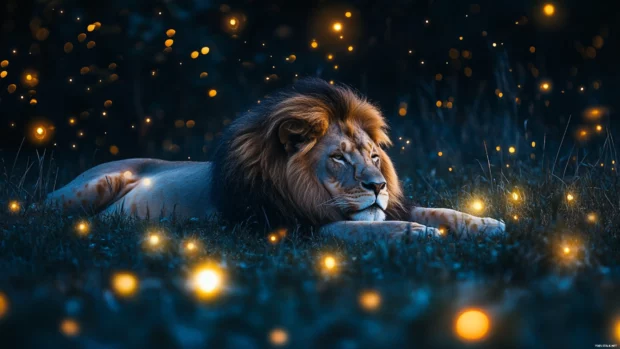 A lion resting in a field of tall grass, fireflies glowing around it, mystical and dreamy night atmosphere.