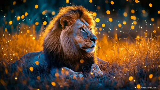 A lion resting in a field of tall grass, fireflies glowing around it, mystical and dreamy night atmosphere.