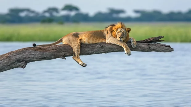 A lion resting on a fallen tree in the middle of a vast African plain, its mane glowing under the afternoon sun.