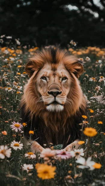 A lion resting peacefully in a field of wildflowers, surrounded by nature beauty.