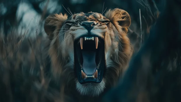 A lion roaring, capturing the strength and power of its open mouth and sharp teeth.