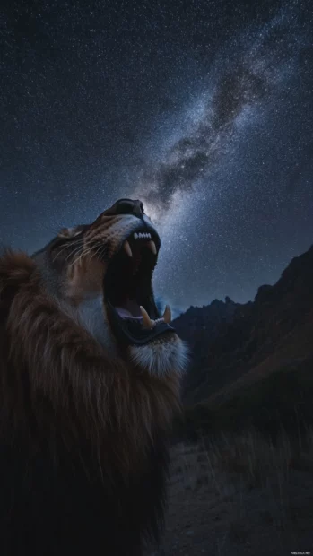 A lion roaring with its breath visible in the cold night air, the Milky Way stretching above.