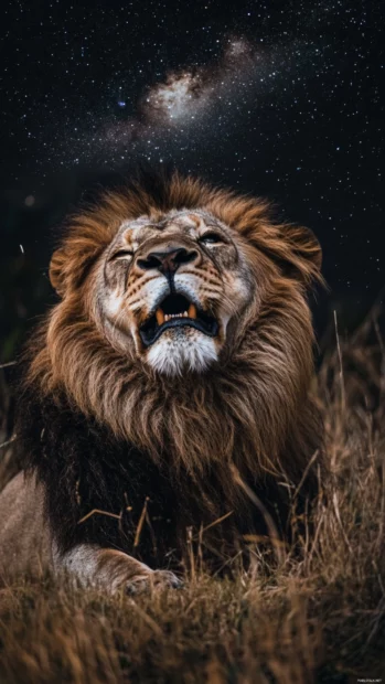 A lion roaring with its breath visible in the cold night air, the Milky Way stretching above.