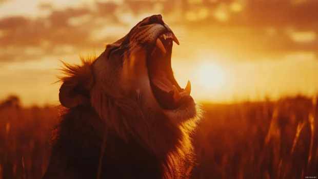 A lion roars mid savanna, dust swirling, sunset warms the sky.