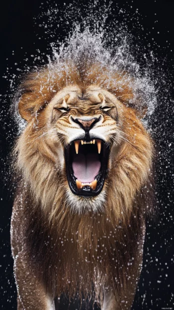 A lion roars, raindrops splash, high speed shot, displaying raw power.