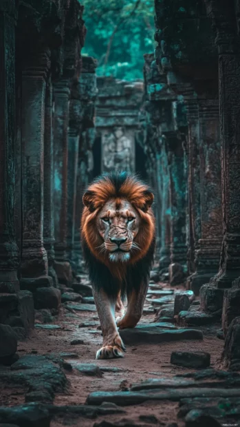 A lion, scarred from battle, stares firmly, standing in a wrecked jungle temple.