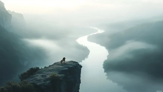 A lion standing at the edge of a misty cliff, looking down at a winding river far below.