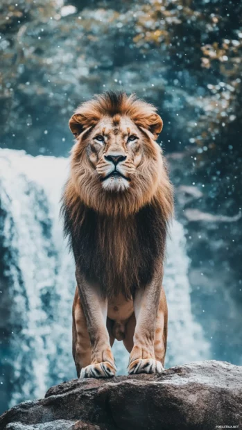 A lion standing in front of a waterfall, mist rising around it, looking powerful and fearless .