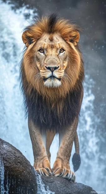 A lion standing in front of a waterfall, mist rising around it, looking powerful and fearless.