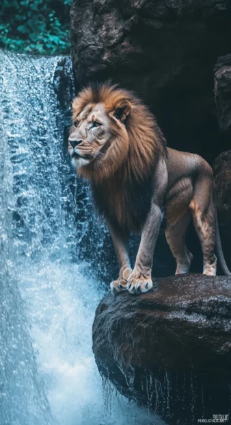 A lion standing in front of a waterfall, mist rising around it, looking powerful and fearless.