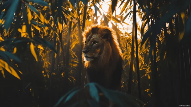 A lion standing in the middle of a dense bamboo forest .