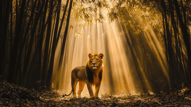 A lion standing in the middle of a dense bamboo forest.