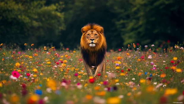 A lion standing in the middle of a wildflower field.