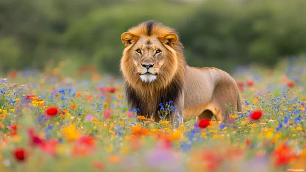 A lion standing in the middle of a wildflower field, its golden mane blending beautifully with the vibrant colors of nature.