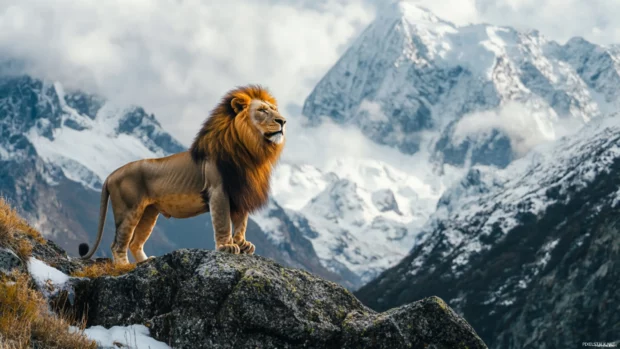 A lion standing on a mountain pass, snow covered peaks in the background, wind gently ruffling its thick mane.