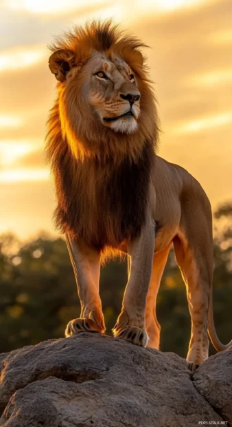 A lion standing on a rocky outcrop as the first rays of dawn.