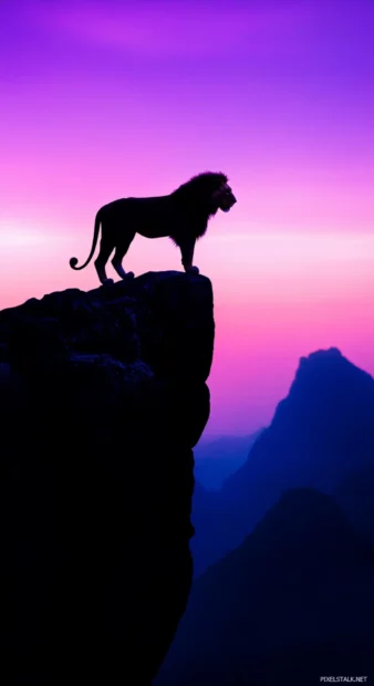 A lion standing on the edge of a canyon at twilight, the sky painted in deep purples and blues.