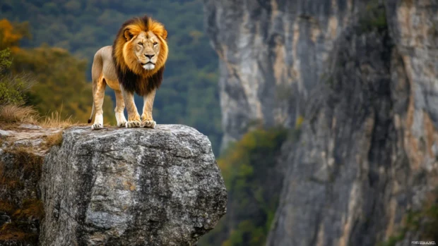 A lion standing on the edge of a canyon, breathtaking view of the vast wilderness in the background.