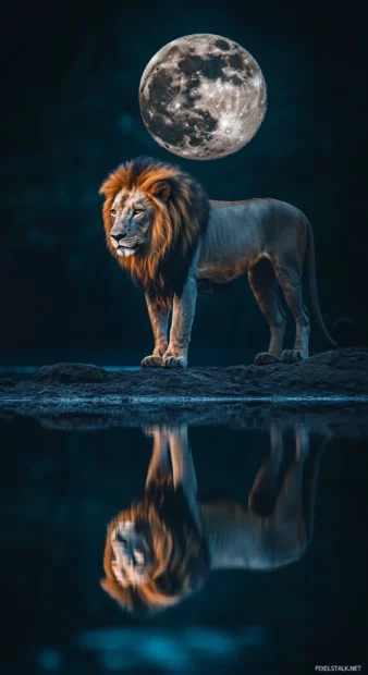 A lion stands beneath the full moon, its reflection glints in the water, a striking eerie mood.