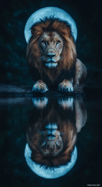 A lion waits by the full moon, its image ripples in the water, a quiet haunting feel.