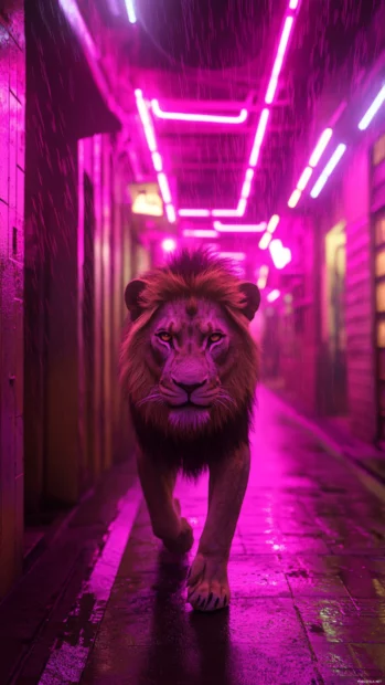 A lion walking through a neon lit rain soaked alley, blending nature with cyberpunk aesthetics.