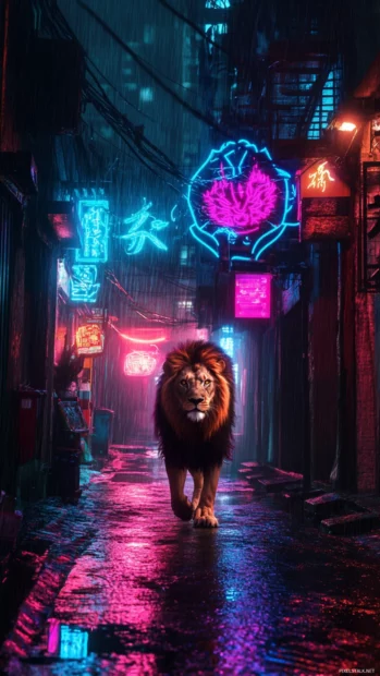 A lion walking through a neon lit rain soaked alley, blending nature with cyberpunk aesthetics.