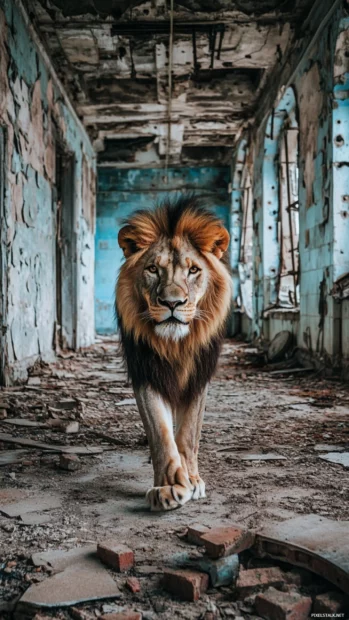 A lion walking through an abandoned battlefield, the remnants of war scattered around, an eerie silence in the air .