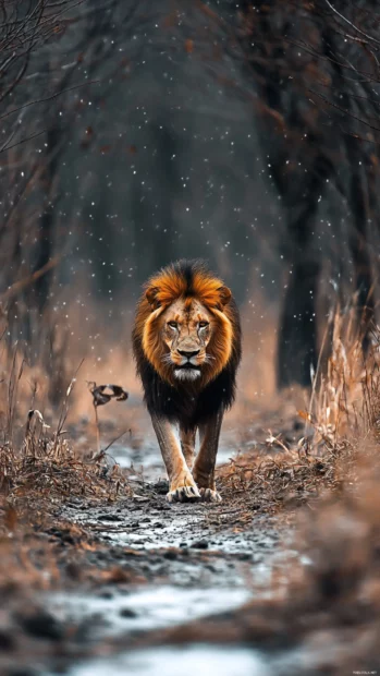 A lion walking through an abandoned battlefield, the remnants of war scattered around, an eerie silence in the air.