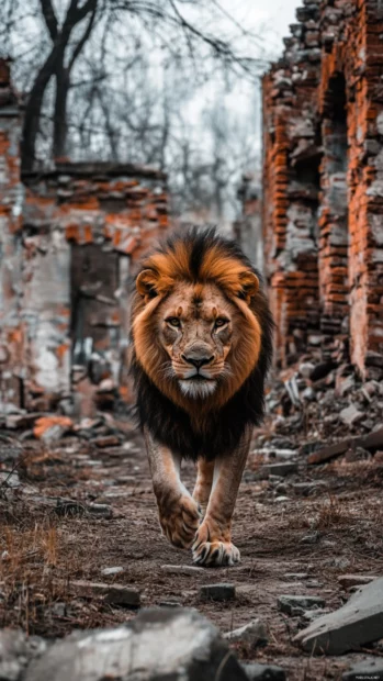 A lion walking through an abandoned battlefield, the remnants of war scattered around, an eerie silence in the air.