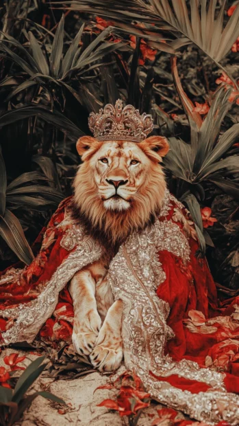 A lion wearing a royal cape, its golden mane looking like a true king of the wild.